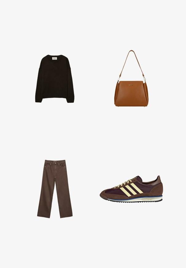 Maglione lavorato a maglia color marrone scuro con scollo rotondo, spalle scese, polsini e orlo a coste, caratterizzato da una morbida texture e una vestibilità comoda.; Jeans a gamba larga marroni in denim, con vita alta, tasche anteriori e chiusura a bottone classica. Tessuto liscio con cuciture sottili.; Sneaker marrone e bordeaux realizzato in materiali scamosciati e in rete, caratterizzato da tre strisce color crema, tessuto testurizzato sulla linguetta e suola in gomma.; Borsa a tracolla in pelle marrone con superficie texturizzata, una singola tracolla e un logo sottile sul davanti. Presenta un design strutturato.