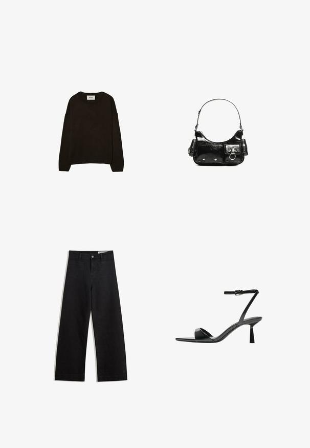 Dunkelbrauner Strickpullover mit Rundhalsausschnitt, überschnittenen Schultern, gerippten Bündchen und Saum, der eine weiche Textur und eine entspannte Passform aufweist.; Schwarze weit geschnittene Jeans mit hoher Taille, ausgestattet mit Vorder- und Hintertaschen, gesteppten Nähten und einem Knopfverschluss. Glatte Textur.; Bershka High Heel Sandalette - black; Schwarze Lackleder-Handtasche mit geschwungenem Design, einem Schulterriemen, Vordertaschen und silberfarbenen Hardware-Akzenten.