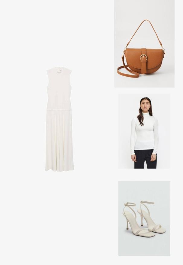 Bílý žebrovaný rolák s dlouhými rukávy, obepnutý střih a hladká textura. V kombinaci s černými kalhotami, které zdůrazňují elegantní styl.; Bílé šaty bez rukávů s vysokým límcem, přiléhavým živůtkem a splývavou sukni. Měkká látka s hladkým povrchem a diskrétními knoflíčky na zadní straně.; Béžové sandály na vysokém podpatku se čtveratou špičkou a tenkými řemínky kolem kotníků. Hladký materiál s minimálním designem, s štíhlým podpatkem.; Hnědá kožená křížová taška s zakřiveným tvarem, zlatými detaily a akcentem s přezkou. Obsahuje odnímatelný popruh na rameno.