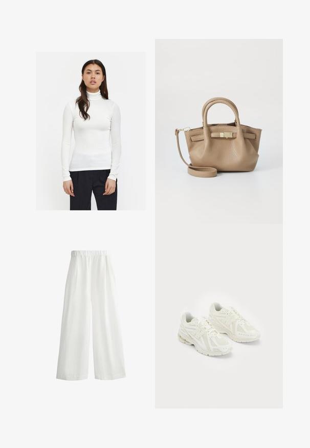 Fehér bordázott garbó felső hosszú ujjal, testhez simuló kialakítással és sima felülettel. Fekete nadrággal párosítva, hangsúlyozva a stílusos megjelenést.; Fehér, bő szárú nadrág, elasztikus derékkal, elöl redőkkel és könnyű, texturált anyagból készült.; Fehér sportcipők hálós és szintetikus anyagokból, fűzős dizájn, párnázott bokarésszel és érdes talppal a tapadás érdekében. Könnyű felépítés.; Barna bőr kézi táska dupla fogantyúval és levehető vállpánttal. Aranyszínű zárja és texturált felülete van.