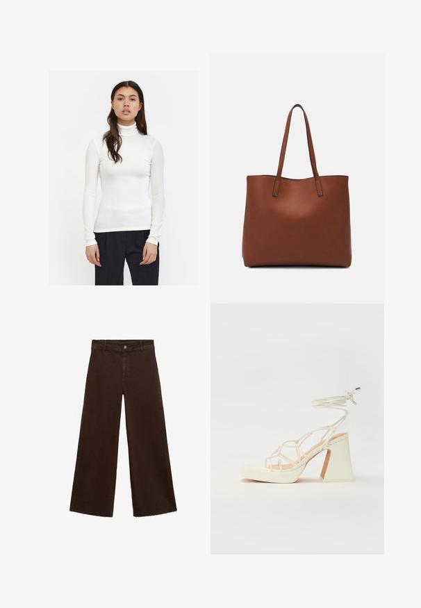 Biała, żeberkowana bluzka z golfem, z długimi rękawami, dopasowany krój i gładka faktura. W połączeniu z czarnymi spodniami, podkreślająca elegancki styl.; Brązowe spodnie o szerokich nogawkach z mieszanki bawełny, z postrzępionym dołem, przednim zapięciem na guzik i klasycznym pięciopocketowym wzorem. Minimalistyczne i uniwersalne.; Biała sandał na wysokim obcasie z masywnym słupkiem, z paskowym wzorem i wiązaniem przy kostce. Gładka faktura z platformą z przodu dla dodatkowej wysokości.; Brązowa skórzana torba tote o gładkiej fakturze, z otwartym wierzchem i dwoma ramiączkami. Charakteryzuje się minimalnym przeszyciem i brakiem widocznych elementów metalowych.