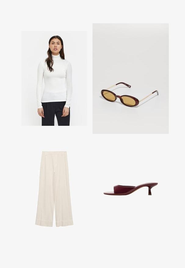 White ribbed turtleneck top with long sleeves, fitted design, and smooth texture. Paired with black pants, highlighting sleek style.; Wide-leg trousers in cream fabric, featuring a smooth texture, tailored waistband, and clean seams. Flat front with double-stitched hems.; M burgundy open-toe slide sandal featuring a glossy finish, a low kitten heel, and a minimalist design with a smooth, curved shape.; Oval-frame sunglasses with a dark red tortoiseshell finish, yellow lenses, and thin gold-tone metal temples.; Even&Odd Handbag - beige
