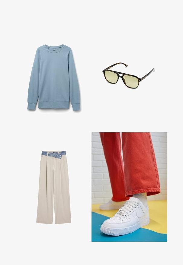 Sudadera azul clara hecha de una suave mezcla de algodón, con cuello redondo, mangas raglán y puños y dobladillo acanalados. Sin patrones ni acentos.; Pantalones de pierna ancha en un beige claro con una cintura de mezclilla que cuenta con dos botones y detalles de pliegues en el frente. Textura suave y ajuste relajado.; Zapatilla de cuero blanco con caja de dedos perforada, suela texturizada y cordones blancos, combinada con pantalones rojos amplios y un fondo azul y amarillo.; Gafas de sol carey con forma rectangular, lentes con tinte verde y montura de acetato con patrones. Presentan acentos metálicos cerca de las lentes.