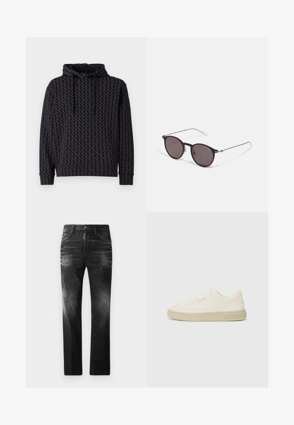 Hooded sweatshirt in black featuring a repetitive grey logo pattern, with a drawstring hood and ribbed cuffs and hem.; Black denim jeans with a straight fit. Features faded areas, minor distressing, classic five-pocket design, and a button closure.; White canvas sneakers with a textured rubber sole, featuring a stitched toe cap and logo accent on the heel. Simple lace-up design.; Black round sunglasses with dark lenses and slim metal arms. Includes clear temple tips and silver accents at the hinge. Minimalist design.