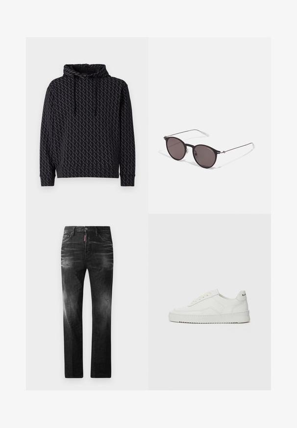 Sudadera con capucha en negro que presenta un patrón repetitivo de logotipos grises, con capucha ajustable y puños y dobladillo acanalados.; Jeans de mezclilla negra con un corte recto. Presentan áreas desgastadas, un ligero desgasto, diseño clásico de cinco bolsillos y cierre de botón.; Zapatilla de cuero blanca con un acabado suave, puntera redonda, cordones planos y suela texturizada. Cuenta con un sutil logo en el talón.; Gafas de sol redondas negras con lentes oscuros y brazos metálicos delgados. Incluye puntas de varilla transparentes y acentos plateados en la bisagra. Diseño minimalista.