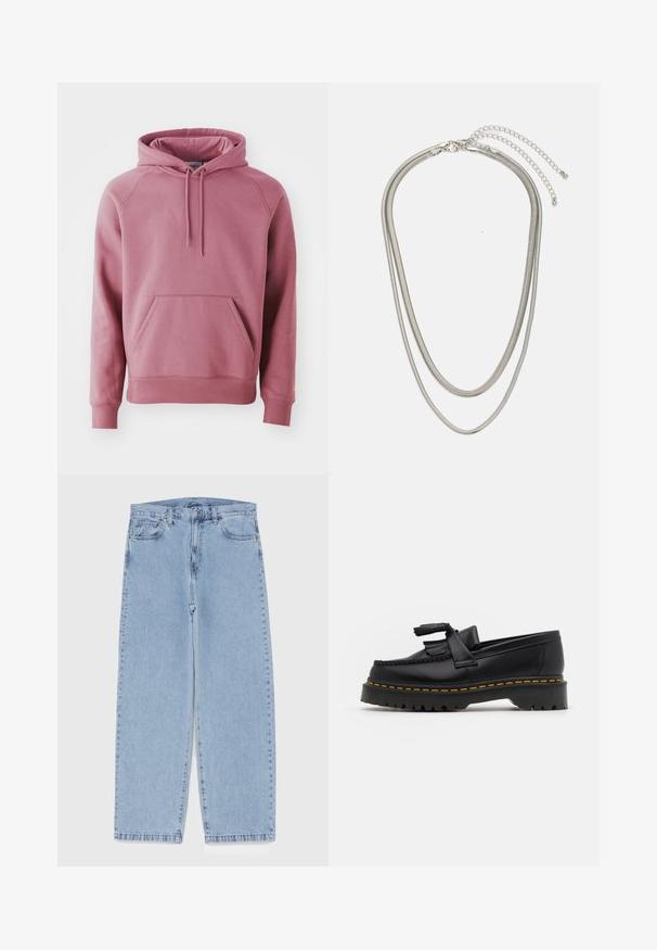 Felpa pink con tasca a marsupio frontale, polsini e orlo a costine. Presenta un cappuccio con cordino e una trama di tessuto liscia.; Jeans in denim azzurro chiaro con design a gamba dritta, caratterizzati da una vita media, cinque tasche e chiusura con bottone e zip.; Mocassino in pelle nera con un'accento a frange, dotato di una suola nera spessa e cuciture gialle lungo il bordo. Finitura testurizzata.; Collana in metallo argentato a tre strati caratterizzata da catene sottili e flessibili con una leggera lucentezza, fissata con un gancio a molla e una catena regolabile.