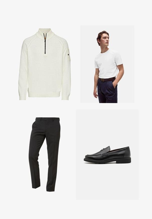 Hvid strikket sweater med halv-zip krave, ribbede manchetter og mønster, samt en lomme på ærmet. Blød tekstur, afslappet pasform.; Hvid bomulds T-shirt med rund halsudskæring, båret med marineblå plisserede bukser og et brunt læderbælte med en guldbuckle.; Next Trousers - Suit Trousers Slim Fit - Habitbukser - mottled black; Sorte syntetiske loafers med en fremtrædende syet front, polstret indersål og flad gummiydersål; slankt design med minimal detaljer.