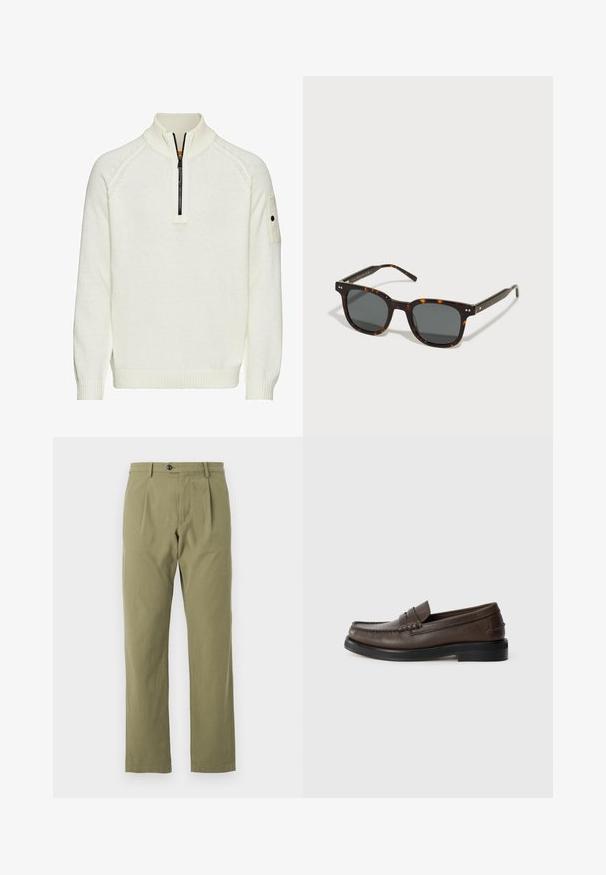 Hvid strikket sweater med halv-zip krave, ribbede manchetter og mønster, samt en lomme på ærmet. Blød tekstur, afslappet pasform.; Olivenfarvede bukser lavet af en blanding af bomuldsstof, med en afslappet lige pasform, frontfolder og en enkelt knaplukning i taljen.; Brune læder loafers med rund tå, detaljeret syning og en flad sort sål. Har et lille dekorativt bånd over vristen.; Skildpaddefarvede solbriller med mørke linser, firkantet form, tykke stel og metalakCenter på forsiden. Fleksible arme for komfort.