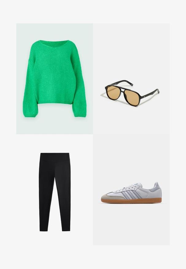 Zöld kötött pulóver laza fazonnal, széles nyakkivágással és hosszú ujjakkal. A textúrája bordázott, amely egy tömör kötési mintát mutat.; Fekete leggings sima, rugalmas anyagból. Széles derékpánt és szűkülő lábzárás jellemzi, alkalmas aktív vagy laza viseletre.; Fehér bőr sportcipők világoskék részletekkel, szürke velúr orral és barna gumitalppal. Három kék csíkkal és "Samba" felirattal rendelkezik.; Fekete napszemüveg barna árnyalatú lencsékkel; téglalap alakú, vastag kerettel, a szárakon diszkrét fém részletekkel.