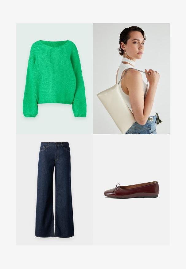 Grønn strikket genser med en løs passform, vid hals og lange ermer. Teksturen er ribbet og har et tykt strikkemønster.; Vide benbukser i mørkeblå denim. Har kontrastsøm, fem lommer og en knaplukning i taljen. Glat tekstur.; Burgunderrød lakk lær ballettleilighet med rund tå, liten sløyfe foran og en lav, svart gummisåle. Glatt tekstur.; Hvit rektangulær clutch-veske laget av blankt materiale, med en sølvkjede-stropp. Modellen poserer og viser vesken mot en ensfarget bakgrunn.