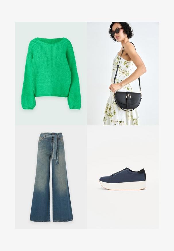 Pulover verde tricotat, cu o croială lejeră, decolteu larg și mâneci lungi. Textura este rib knit, prezentând un model de cusătură groasă.; Pantaloni din denim largi, cu un gradient de la albastru deschis la albastru închis, talie înaltă, bucle pentru curea și o curea din același material. Finisaj texturat din denim.; Sneaker albastru închis, cu un material texturat pe partea superioară, talpă platformă albă, vârf rotunjit și accent de călcâi negru. Dispune de șase găuri pentru șireturi.; Geantă din piele neagră, cu o formă curbată, curea detașabilă și accesorii aurii. Geanta are un capac cu un detaliu tip cataramă.