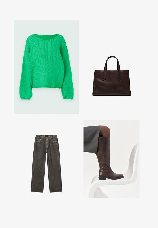 Groene gebreide trui met een losse pasvorm, brede halslijn en lange mouwen. De textuur is geribbeld en heeft een chunky stekenpatroon.; Donkergrijze wijde jeans van denim, met een klassiek vijf-pocket ontwerp, stevige stiksels en een ritssluiting met knoopsluiting.; Bruine leren knie-hoge laars met een ronde neus, een soepele textuur en minimale stikseldetails, tegen een lichte achtergrond op een witte stoel.; Bruine leren tote bag met twee verlengde handvatten, gestructureerde rechthoekige vorm, gladde textuur en subtiele stiksels.