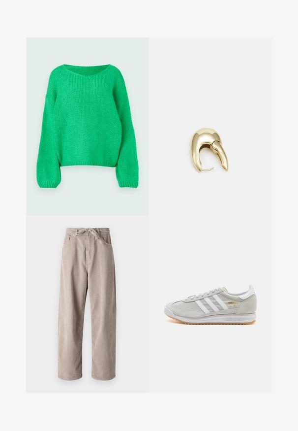 Green knitted sweater with a loose fit, wide neckline, and long sleeves. The texture is ribbed, featuring a chunky stitch pattern.; Beige corduroy trousers with a loose fit, featuring a drawstring waist, two front pockets, and vertical ribbed texture.; Light grey sneaker made of suede and mesh, featuring three white stripes, round toe, and a gum rubber sole. Gold logo accent near laces.; Gold-tone metal earring with a sleek, curved design. Features a distinctive pointed shape, polished surface, and hinge closure.