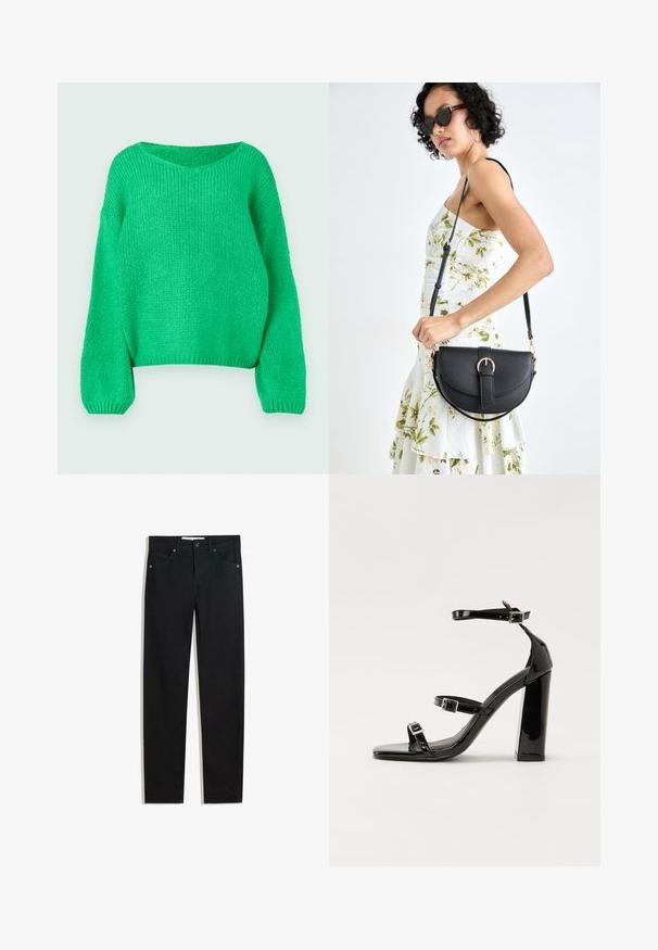 Zöld kötött pulóver laza fazonnal, széles nyakkivágással és hosszú ujjakkal. A textúrája bordázott, amely egy tömör kötési mintát mutat.; Fekete farmernadrág egyenes szárú fazonnal, öt zsebbel, fémből készült gombzárral és diszkrét varrási részletekkel. Sima textura.; Fekete lakk magas sarkú szandál két csatos pánttal, négyzet alakú orral és tömzsi blokk sarokkal, sima, fényes felülettel.; Fekete bőrtáska ívelt formával, levehető pánttal és arany színű fémrészekkel. A táskán egy csattal díszített fedél található.
