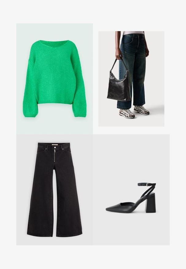 Grønn strikket genser med en løs passform, vid hals og lange ermer. Teksturen er ribbet og har et tykt strikkemønster.; Vide benbukser i sort denim med glidelås i front, fem-lomme design og subtile sømdetaljer. Glatt tekstur og avslappet stil.; Svart lær pumps med spiss tå, ankelrem og kraftig hæl. Flat tekstur, strømlinjeformet design og minimalisme.; Sort skinnveske med en glatt tekstur og justerbar stropp, kombinert med falmede vide jeans og atletiske sneakers.