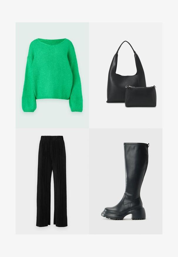 Green knitted sweater with a loose fit, wide neckline, and long sleeves. The texture is ribbed, featuring a chunky stitch pattern.; Black pleated trousers with an elastic waistband. Features wide legs and a smooth, textured fabric with vertical stripes.; Tall black leather boot with chunky platform sole and block heel, featuring pull tab and textured tread on outsole.; Even&Odd Handbag - black