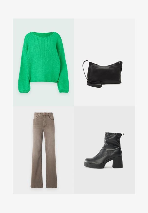 Zaļš adīts džemperis ar vaļīgu piegriezumu, plašu apkakli un garām piedurknēm. Tekstūra ir ribota, ar masīvu šuves rakstu.; Brūnas augsta vidukļa taisnas kājas džinsi ar priekšējo pogu, jostu cilpiņām un klasisko piecu kabatu dizainu uz baltas fona.; Melni potītes zābaki, kas izgatavoti no gludas ādas, ar sānu rāvējslēdzēju, masīvu strukturētu papēdi un noapaļotu purngalu.; Melna ādas plecu soma ar gludu tekstūru, izliekta forma, regulējama siksna un rāvējslēdzēja aizdare. Minimālistisks dizains bez rotājumiem.