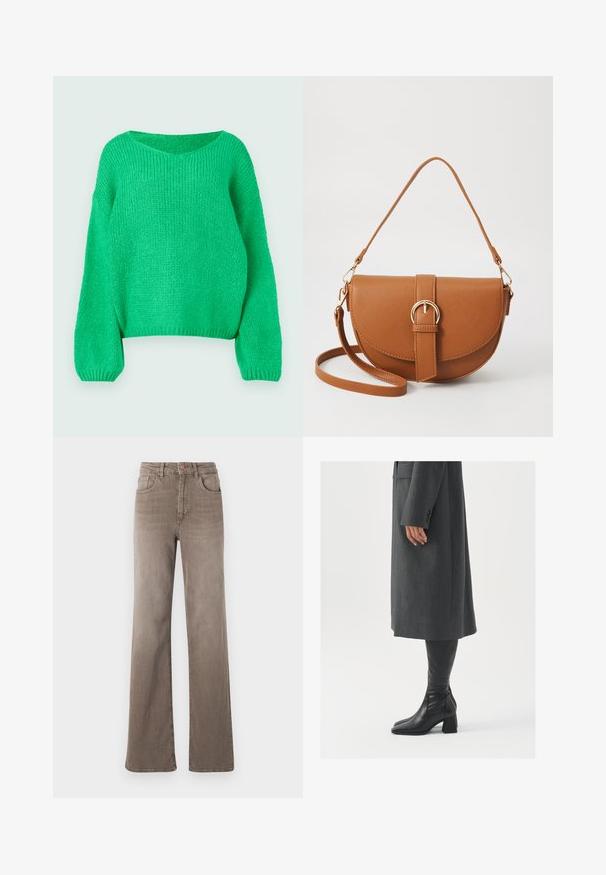 Zöld kötött pulóver laza fazonnal, széles nyakkivágással és hosszú ujjakkal. A textúrája bordázott, amely egy tömör kötési mintát mutat.; Barna, magas derekú, egyenes szárú farmernadrág elülső gombbal, övhurkokkal és klasszikus öt zsebes kialakítással, fehér háttér előtt.; Szürke, szabott overál, egyenes vonallal; térd fölé érő fekete bőrcsizmákkal párosítva, négyzetes orral és vastag sarokkal.; Barna bőr keresztbody táska ívelt formával, aranyszínű fémrészekkel és csat díszítéssel. Levehető vállpánttal rendelkezik.