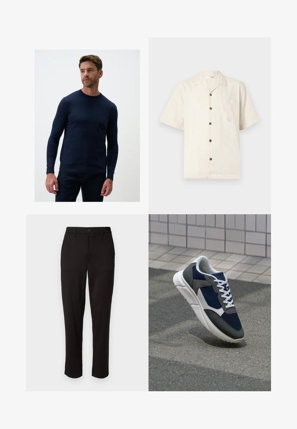 Marineblauwe, lange mouw crewneck trui gemaakt van een zachte breimateriaal. Heeft ribgebreide manchetten en zoom voor een comfortabele pasvorm.; Korte mouwen shirt in gebroken wit, gemaakt van lichte stof, met een insnijding bij de kraag, een borstzak en donkerbruine knopen.; Zwarte broek gemaakt van lichte stof, met een rechte pijp, knoopsluiting aan de voorkant, riemlussen en zijzakken.; Sneaker met een marineblauwe mesh bovenwerk, grijze suède accenten, witte rubberen zool en platte witte veters, ontworpen voor comfort en ademend vermogen.