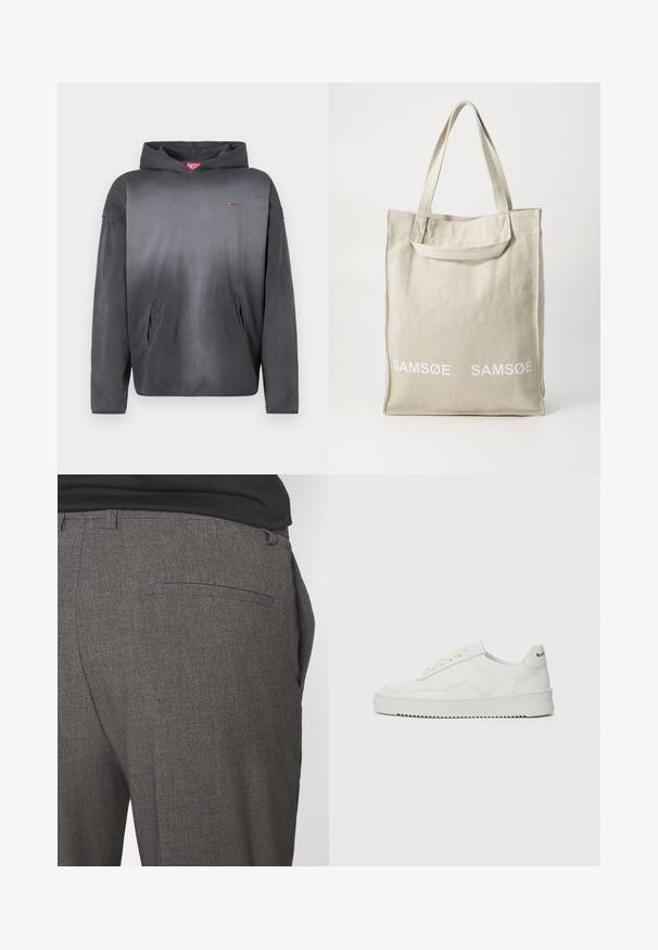 Dunkelgrauer Kapuzenpullover mit kleinem rotem Logo auf der Brust und zwei Vorderaschen, auf weißem Hintergrund dargestellt.; Graue maßgeschneiderte Hose mit glatter Textur, ausgestattet mit einer einzigen hinteren Tasche und einem schlanken Schnitt. Der Stoff hat ein dezentes Muster.; Weiße Ledersneaker mit glatter Oberfläche, runder Zehenpartie, flachen Schnürsenkeln und strukturiertem Sohlenprofil. Mit einem dezenten Logo an der Ferse.; Leichte, beigefarbene Canvas-Tasche mit doppelten Griffen, die auf der Vorderseite das in Weiß gedruckte "SAMSOE"-Logo trägt. Rechteckige Form mit simplem Design.