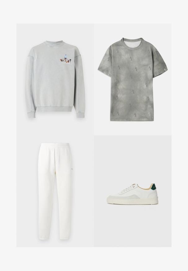 Sweatshirt cinza-claro com gola e punhos canelados, apresentando um gráfico bordado de uma pessoa a passear múltiplos cães.; T-shirt cinza em algodão com padrão discreto do logo AX, decote redondo, mangas curtas e um corte confortável. Textura suave com um estilo ligeiramente desbotado.; Calças de treino brancas feitas de um tecido suave, com um cós elástico, pernas ajustadas e um pequeno logotipo do lado esquerdo.; Tênis brancos com detalhes em camurça, bico arredondado, atacadores planos e sola de borracha creme. Apresenta uma marcação verde no calcanhar.