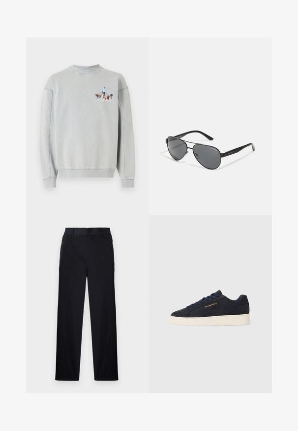 Gaiši pelēks sporta krekls ar ribotām kakla un piedurkņu malām, kurā ir izšūta grafika ar personu, kas ved vairākus suņus pastaigā.; Melni bikses ar vieglu, teksturētu audumu, taisnu kāju dizainu, elastīgu jostu un sānu rāvējslēdzēju kabatām.; Navy zila zamšas zema augstuma kedas ar baltu zoli, navy krāsas auklām un "Filling Pieces" logo zeltā sānos.; Melni aviator stila saulesbrilles ar tumšiem stikliem, plānu metāla rāmi un slaidām plastmasas kājām, kas rotātas ar logo akcentiem.