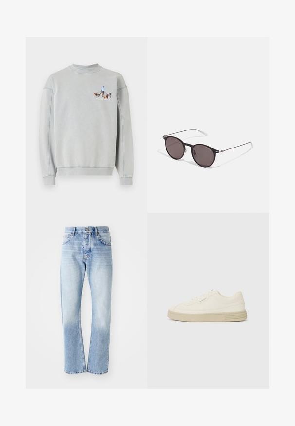 Svijetlosivi dukserica s rebrastim izrezom i manžetama, koja ima izvezenu grafiku osobe koja šeta više pasa.; Svijetloplave traperice ravnog kroja. Imaju dizajn s pet džepova, dugmasti patent zatvarač i izblijedjelu teksturu prema dnu.; Bijele platnene tenisice s teksturiranom gumenom potplatom, s ušivenim vrhom i logom na peti. Jednostavan model za vezanje.; Crne okrugle sunčane naočale s tamnim staklima i tankim metalnim ručkama. Uključuju prozirne vrhove ručki i srebrne naglaske na šarkama. Minimalistički dizajn.