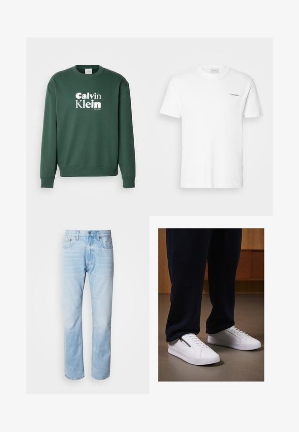 Vihreä puuvillasekoitesweatshirt, jossa on pyöreä kaula-aukko ja resorit hihansuissa. Etupuolella valkoinen "Calvin Klein" -logo.; Valkoinen puuvillapaita lyhyillä hihoilla ja pyöreällä kaula-aukolla. Vasemmassa rinnassa on pieni musta "Calvin Klein" -logo.; Vaaleansiniset farkut suoranlahkeisella leikkauksella, joissa on haalistuneita kohtia, viisi taskua ja klassinen nappisuljenta.; Valkoiset tennarit, joissa on sileä nahkapinta, litteä pohja ja nauhakiinnitys. Sivuvetoketju tuo lisää käytännöllisyyttä. Yhdistettynä tummiin collegehousuihin.