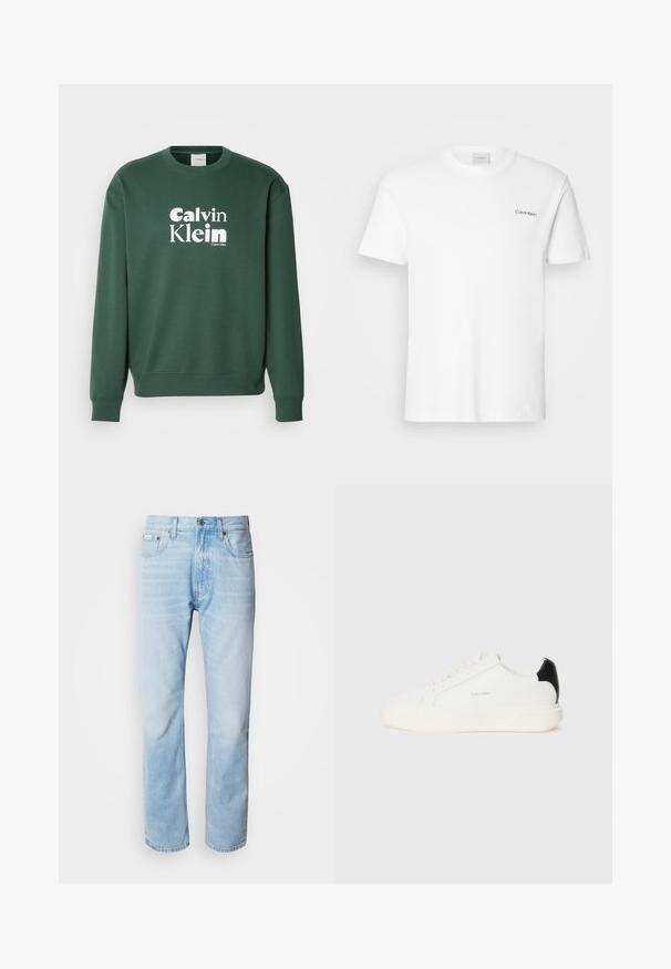 Green sweatshirt made of cotton blend, featuring a crew neckline and ribbed cuffs. Displays white "Calvin Klein" logo on the front.; White cotton T-shirt with short sleeves and a crew neckline. Features a small black "Calvin Klein" logo on the left chest.; Light blue denim jeans with a straight leg cut, featuring faded sections, five-pocket design, and a classic button fly.; White leather sneaker with a black accent on the heel, featuring round toe, flat laces, and a thick white sole. Calvin Klein logo displayed.