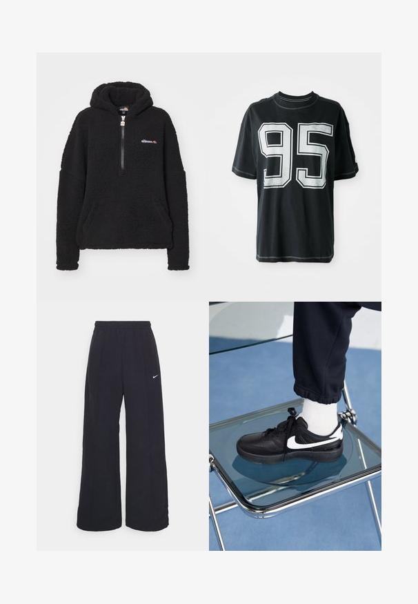 Felpa nera in pile con zip a quarto, tasca a marsupio e logo a contrasto. Texture morbida e design over size per calore e comfort.; T-shirt di cotone nero con maniche corte, caratterizzata da un numero "95" stampato in bianco sul davanti e cuciture a contrasto lungo i bordi.; Pantaloni neri a gamba larga con cintura elastica e un piccolo logo Nike bianco. Il tessuto ha una texture liscia, progettata per il comfort e l'abbigliamento casual.; Sneakers Nike neri con accenti bianchi, caratterizzati da una superficie in pelle liscia, design con lacci e punta rotonda, posizionati su una sedia di vetro.