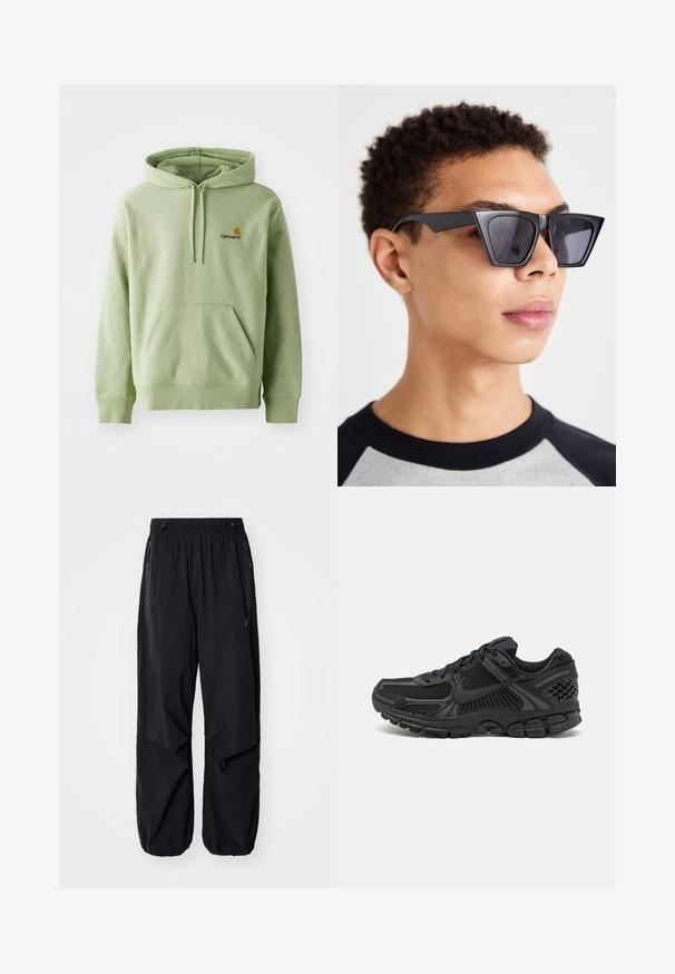 Felpa con cappuccio verde chiaro realizzata in tessuto morbido, dotata di tasca a marsupio, cappuccio con cordino e un piccolo logo ricamato sul petto.; Pantaloni cargo leggeri neri con elastico in vita, zip laterali e tasche ampie. Caratterizzati da una vestibilità comoda e fondi a gamba affusolata.; Scarpa sportiva nera con tomaia in mesh, suola in gomma e dettagli testurizzati. Il design include un sistema di allacciatura pronunciato e una suola imbottita.; Occhiali da sole neri angolari con lenti scure, caratterizzati da un audace design geometrico e una finitura opaca. Indossati da una persona con capelli corti.