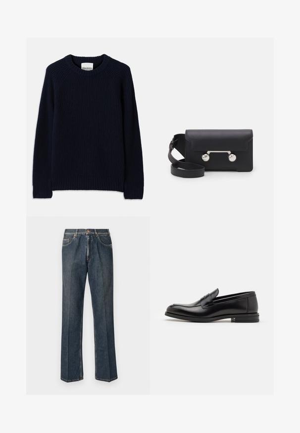 Tamnoplavi rebrasti pleteni džemper s okruglim izrezom i dugim rukavima. Ima ravni rub i teksturirani uzorak kroz cijelu površinu.; Tamno plave traperice ravnog kroja s prednjim gumbom, patentnim zatvaračem, dvojim prednjim džepovima i vidljivim vertikalnim naborima duž nogu.; Crni kožni mokasini s glatkom teksturom, zaobljenim prstima i ukrasnom trakom preko prednjeg dijela. Niski slojeviti potplat, minimalistički dizajn.; Crna kožna crossbody torba s preklopom, hardverom srebrne boje i dva okrugla detalja. Ima odvojivi remen. Glatka tekstura.