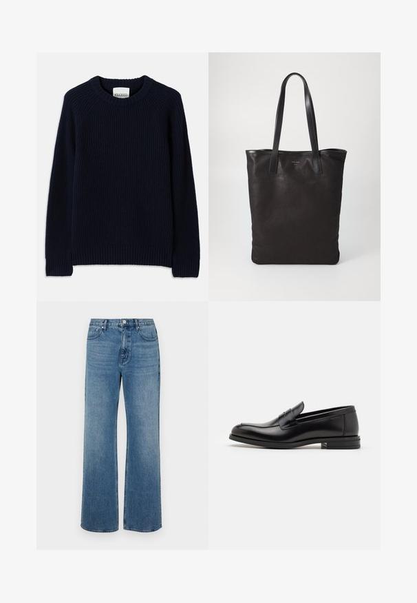 Tamsiai mėlyna guma trikotažo megztinis su apvalia iškirpte ir ilgomis rankovėmis. Yra tiesus apatinis kraštas ir tekstūruotas raštas visame megztinyje.; Platus blaujos džinsai, pagaminti iš dėvėtos džinsinio audinio. Sukurtas su penkiomis kišenėmis, priekiniais sagčių uždarymu ir tiesiu kirpimu.; Juodos odinės loafers, turinčios lygų paviršių, apvalią noselę ir dekoratyvinę juostą per priekinę dalį. Žemas krentantis kulnas, minimalistinis dizainas.; Juodas drobės pirkinių maišelis su juodais odiniais rankenomis. Paprastas dizainas, erdvus kūnas ir lygus paviršius. Nėra matomų logotipų ar raštų.