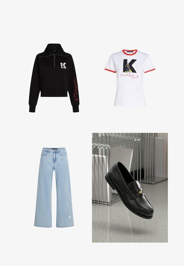 Svart cropped sweatshirt med høy krage, sølvglidelås og rød kursiv tekst på ermet. Har en tegneserielogo på forsiden.; Hvit bomull t-skjorte med rød hals og ermeendringer. Har en svart 'K' og en Donald Duck-grafikk med en signatur i rødt.; Lys blå vide jeans i denim med brodert "Donald og Daisy" tekst på venstre ben. Har klassisk femlomme-design og beltehemper.; Sorte lærloafers med en glatt finish, med en dekorativ rem og liten gullaccent. Sålen er flat med rund tå.