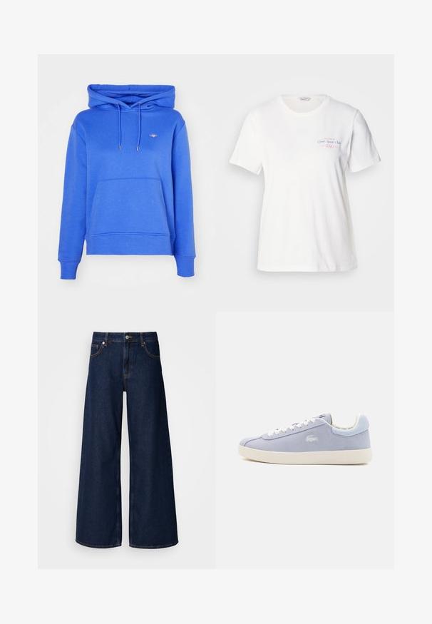 GANT SHIELD HOODIE - Felpa - greece blue; T-shirt in cotone bianco con maniche corte, scollo rotondo e stampa grafica rosa/blu con la scritta "Gant Sports Club 1949" sul petto.; Jeans in denim blu scuro a gamba larga con vita alta, tasche anteriori e chiusura con bottone. Presenta cuciture a contrasto e una texture liscia.; Sneakers in suede azzurro chiaro con punta tonda, suola in gomma bianca e lacci bianchi. Presentano un logo inciso in modo discreto sul lato.