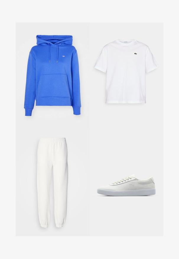 GANT SHIELD HOODIE - Sweatshirt - greece blue; Weißes Baumwoll-T-Shirt mit rundem Halsausschnitt und kurzen Ärmeln. Mit grün gesticktem Logo auf der Brust. Weiche Textur, lässige Passform.; Weiße Sweatpants aus weichem, gestricktem Stoff. Der elastische Bund und die Bündchen sorgen für eine bequeme Passform. Minimalistisches Design, ohne sichtbare Muster oder Akzente.; Lacoste weiße Sneaker mit einem Obermaterial aus glattem Leder, flachen Schnürsenkeln, gepolstertem Kragen und einer strukturierten Gummisohle. Dezentes Logo an der Seite.