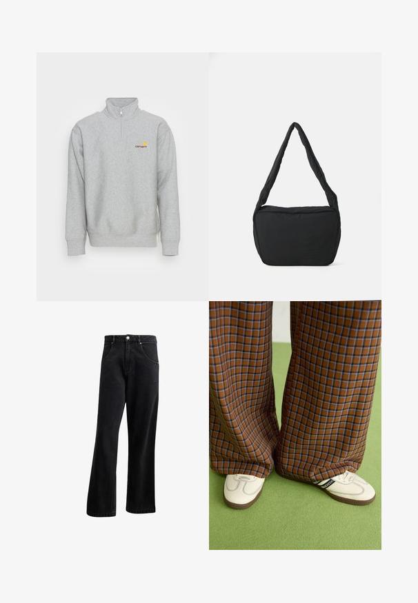 Carhartt WIP HALF ZIP AMERICAN SCRIPT - Sweatshirt - grey heather; Schwarze Denim-Jeans mit geradem Bein, ausgestattet mit Fronttaschen, einem Knopfverschluss und einer leichten Struktur. Inclusiv eines dezenten Logodetails.; Braun und blaue Karohosen mit weitem Bein, kombiniert mit weißen Schuhen mit schwarzen Akzenten und strukturierten Sohlen, vor einem grünen Hintergrund.; Schwarze Schultertasche mit gepolsterter Textur, runder Form und breitem Tragegurt, mit geprägtem Logo auf der Vorderseite.
