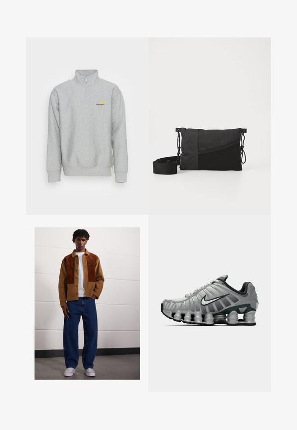 Carhartt WIP HALF ZIP AMERICAN SCRIPT - Sweatshirt - grey heather; Brown corduroy jacket with contrasting dark brown patches, white t-shirt underneath, loose blue denim jeans, and white sneakers.; Grey and black Nike running shoe with visible spring-like cushioning under the sole and a white swoosh logo on the side.; Black shoulder bag made of textured fabric, featuring a diagonal design, adjustable strap, and drawstring closures on the sides.