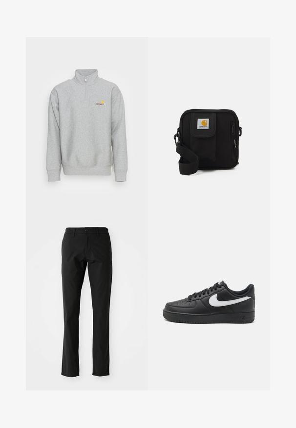 Carhartt WIP HALF ZIP AMERICAN SCRIPT - Sweatshirt - grey heather; Pantalon noir en tissu léger, avec une coupe droite, fermeture à bouton sur le devant et poches latérales. Texture lisse.; Baskets Nike Air Force 1 noires avec une tige en cuir lisse, accent de logo blanc, bout perforé et semelle en caoutchouc texturé.; Sac bandoulière noir avec un compartiment principal zippé, une poche frontale, une sangle ajustable et un patch logo visible sur le rabat.