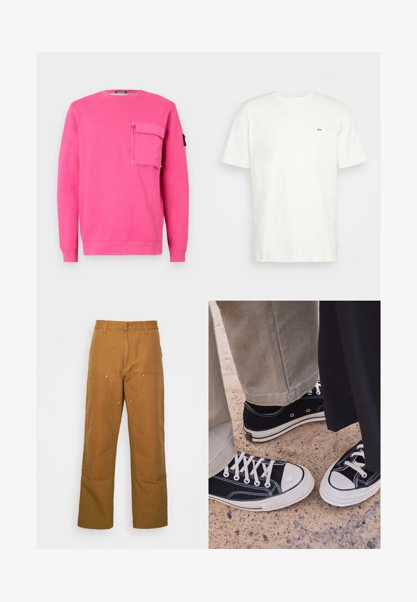 Felpa rosa con collo rotondo, maniche lunghe e tasca con zip sul petto. Realizzata in tessuto morbido con una consistenza liscia.; T-shirt bianca in cotone con scollatura rotonda, maniche corte e un piccolo logo nero "W.W." sul lato sinistro del petto. Tessuto liscio, vestibilità regolare.; Pantaloni utility in cotone marrone con design a gamba dritta, dotati di tasche anteriori e dettagli in metallo per una maggiore durata.; Sneakers neri in tela con punte e lacci bianchi in gomma. Le cuciture a contrasto e i fori in metallo aggiungono dettagli. Indossati con pantaloni beige e un tessuto nero.
