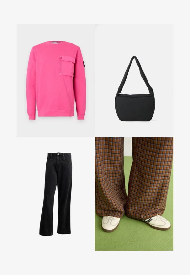 Rožinė džemperis su apvaliu kaklu, ilgomis rankovėmis ir užtrauktuku užsegama kišene krūtinėje. Pagamintas iš minkštos medžiagos su lygiu tekstūra.; Juodi džinsai su tiesiu siluetu, turintys priekinius kišenes, mygtukų užtrauktuką ir šiek tiek tekstūros. Įtraukta subtili logotipo detalė.; Rudos ir mėlynos langelinės plačios kelnės, derinamos su baltais batais su juodais akcentais ir tekstūruotais padais, prieš žalią foną.; Juodas pečių krepšys su paminkštinta tekstūra, apvalia forma ir plačia juostele, su iškilminiu logotipu priekyje.