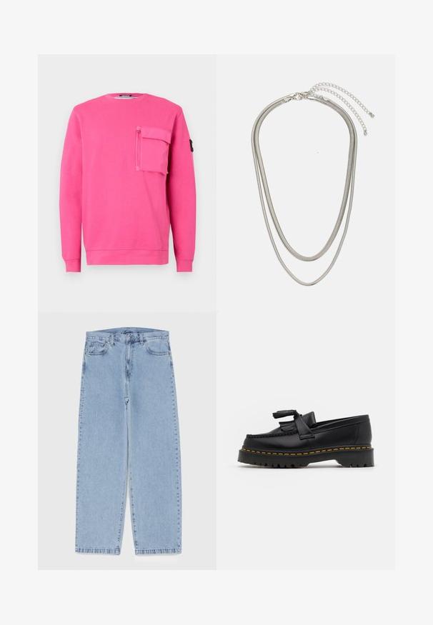 Roze sweatshirt met een ronde hals, lange mouwen en een ritszak op de borst. Gemaakt van zachte stof met een gladde textuur.; Lichtblauwe denim jeans met een recht model, voorzien van een middelhoge taille, vijf zakken en een knoop- en ritssluiting.; Zwarte leren loafers met een franjesaccent, voorzien van een dikke zwarte zool en gele stiksels langs de rand. Gevoelige afwerking.; Driedelige zilveren metalen halsketting met slanke, flexibele kettingen met een lichte glans, beveiligd met een karabijnhaak en een verstelbare ketting.