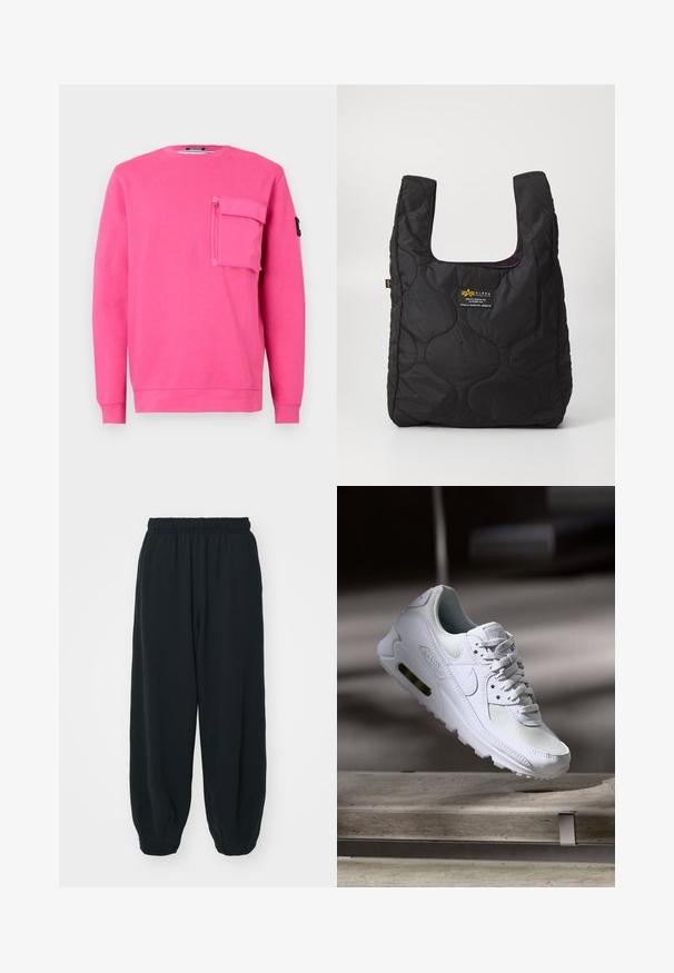 Rožinė džemperis su apvaliu kaklu, ilgomis rankovėmis ir užtrauktuku užsegama kišene krūtinėje. Pagamintas iš minkštos medžiagos su lygiu tekstūra.; Juodi, su elastiniu juosmeniu sportiniai kelnės su laisvu siluetu, suapvalintais kulkšnimis, lygia tekstūra ir be matomų raštų ar metalinių akcentų.; Baltos Nike Air Max 90 sportbačiai su.comi ir odos viršumi, perforuota pirštų dėžute ir matomu oro pagalvėle kulne.; Juodas siuvinėtas pirkinių krepšys su plačiu atidarymu, išlenktomis formomis paviršiuje ir etikete, kurioje yra geltonos ir baltos spalvų tekstas priekyje.