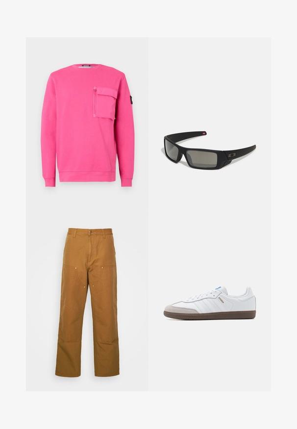 Roze sweatshirt met een ronde hals, lange mouwen en een ritszak op de borst. Gemaakt van zachte stof met een gladde textuur.; Bruine katoenen utility broeken met een rechte pijpdesign, voorzien van voorzakken en metalen hardware accenten voor extra duurzaamheid.; Witte leren sneakers met een grijze suède neuskap, drie horizontale witte strepen, blauwe accenten en een bruine rubberen loopzool. Geweven detail op de zool.; Zwarte zonnebril met een matte afwerking, rechthoekige glazen, een lichte kromming op de slapen, subtiele logodetails en rookgetinte glazen.