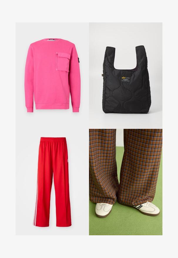Rozā džemperis ar apaļu izgriezumu, garām piedurknēm un kapuci ar rāvējslēdzēju uz krūškurvja. Izgatavots no mīkstas auduma ar gludu tekstūru.; Sarkani sporta bikses, kas izgatavotas no viegla auduma, ar elastīgu jostasvietu, divām baltām sānu svītrām un mazu logotipu uz gurniem.; Brūni un zili rūtaini platās kājas bikses, kas savienotas ar baltām kurpēm ar melniem akcentiem un teksturētām zolēm, uz zaļa fona.; Melnas kviltotas somiņas ar lielu atvērumu, izliektiem formām uz virsmas un etiķeti ar dzelteniem un baltajiem burtiem priekšpusē.