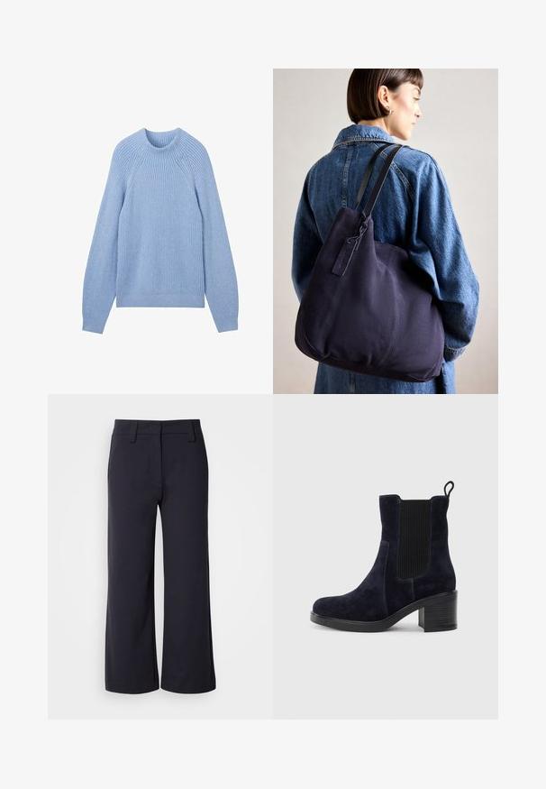 TOM TAILOR MIT STEHKRAGEN - Pulóver - calm blue rib structure; Sötét navy színű, bő szárú nadrág. Lapos elülső rész, övhurkok és oldalsó zsebek jellemzik. Az anyag sima, enyhe rugalmassággal rendelkezik.; Sötétkék velúr bokacsizma elasztikus oldalpanellel, kerek orral és tömbsarkal. A texturált szövet és a sima talp kontrasztot ad.; Tengerészkék vászon válltáska, puha, struktúrált formával, fekete pánttal, varrott részletekkel és egy kis márkajelzéssel.