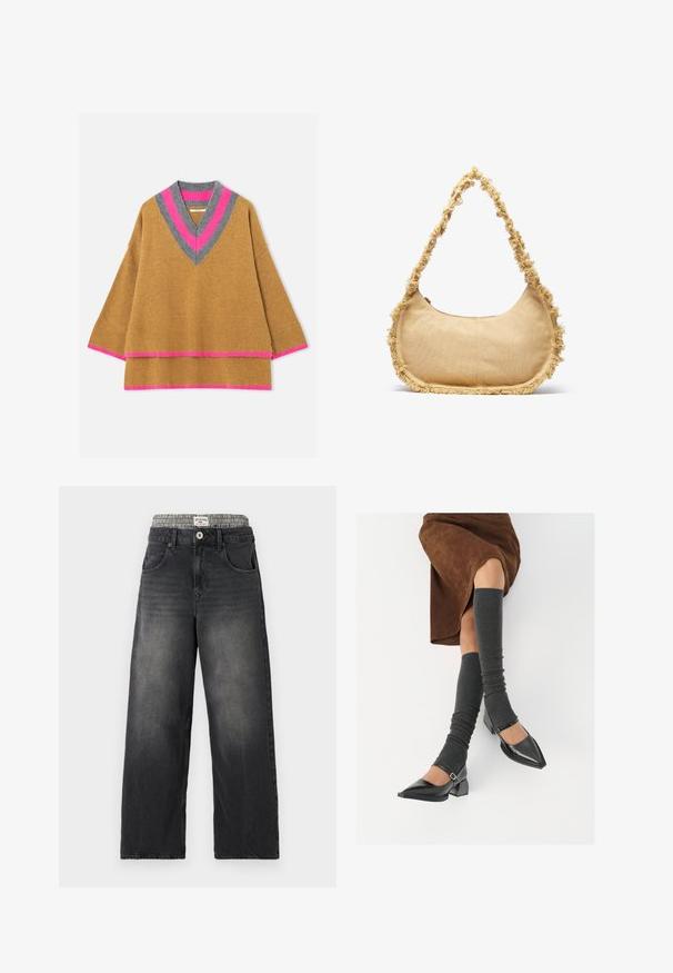 Pull marron en tricot avec un col en V, présentant des accents rayés gris et rose sur le col et les poignets. Texture douce et coupe ample.; Jeans large en denim noir avec une ceinture à motif pied-de-poule. Comprend des poches avant et une fermeture à bouton. Texture déchirée.; Chaussures à bout pointu en cuir verni noir avec un talon bloc et une bride à la cheville, accompagnées de jambières en maille grise et d'une jupe en daim marron.; Sac beige texturé de forme arrondie, avec un bord effiloché tout le long des bords et une courte sangle pour le porter. Ouverture zippée en haut.