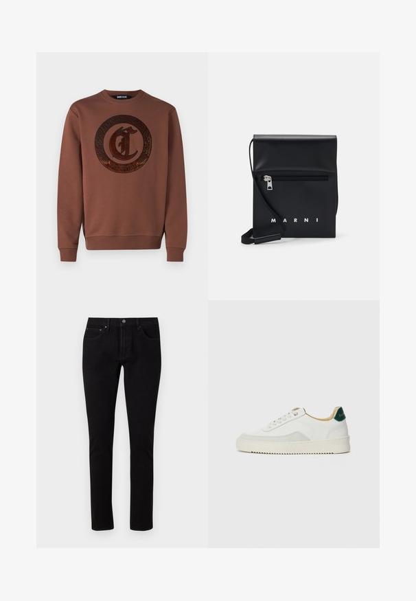 Just Cavalli Felpa - tortoise shell; Jeans in denim nero con una vestibilità slim, dotati di una vita standard, cinque tasche e dettagli in metallo. Tessuto liscio e leggermente elastico.; Sneaker bianco con accenti in camoscio, punta rotonda, lacci piatti e suola in gomma crema. Presenta un marchio verde sul tallone.; Borsa a tracolla in pelle nera con tasca frontale con zip, logo in rilievo e tracolla regolabile. Texture liscia con una forma strutturata.