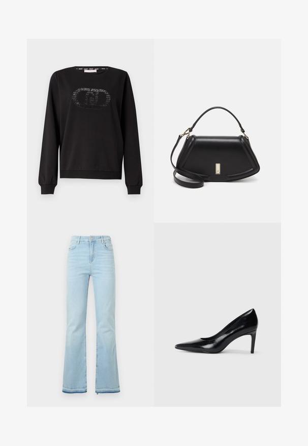 Black sweatshirt made of cotton with long sleeves. Features a textured logo in the center and a crew neckline. Smooth fabric texture.; Light blue flared jeans made of denim, featuring a high waist, front pockets, and a raw hem at the cuffs for a casual look.; Black leather high heel shoe with a pointed toe, smooth texture, and a tapered heel. Minimalist design, no additional embellishments.; Black leather handbag with a structured design, featuring a cropped shape, top handle, and gold hardware accent. Adjustable shoulder strap included.