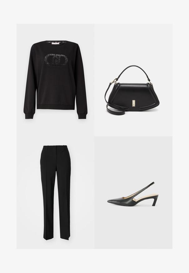 Black sweatshirt made of cotton with long sleeves. Features a textured logo in the center and a crew neckline. Smooth fabric texture.; Black tailored trousers with a straight-leg design, featuring a smooth texture and crisp creases along the front. No visible hardware.; Black pointy-toed slingback shoe with a low heel, featuring smooth leather material and cut-out design on the side for breathability.; Black leather handbag with a structured design, featuring a cropped shape, top handle, and gold hardware accent. Adjustable shoulder strap included.